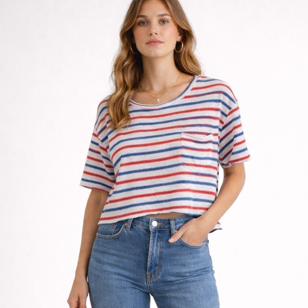 Rails linen slightly slub knit red white and blue stripe relaxed fit t shirt. M